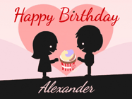 Happy Birthday Alexander GIF: Cute happy birthday gif with love sharing a cupcake on your special day. Customize the name.