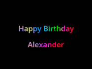 Happy Birthday Alexander GIF: Happy birthday gif with animated rainbow lettering on a black background with hearts float up past them.