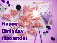 Happy Birthday Alexander GIF: A big paper sparkle highlights this animated birthday gif showing a birthday cake place setting with decorations.
