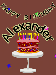 Happy Birthday Alexander GIF: Animated birthday gif of a chocolate cartoon cake and stars. Animated text can be customized with name.