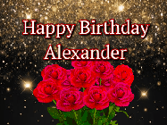Happy Birthday Alexander GIF: A beautiful birthday gif with a bouquet of flowers and animated hearts on a black and glitter background.