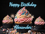 Happy Birthday Alexander GIF: A delicious cupcake gif with animated sparkles reading Happy Birthday with a name to customize