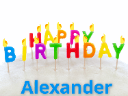 Happy Birthday Alexander GIF: Birthday Candles animated gif with star confetti and lettered birthday candles and a name to customize.