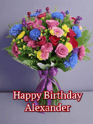 Happy Birthday Alexander GIF: A beautiful animated birthday gif with a bouquet of flowers and animated hearts reading Happy Birthday Customize