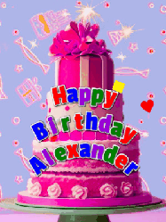 Happy Birthday Alexander GIF: A big beautiful birthday cake gif with falling confetti, sparklers, and balloons, reads Happy Birthday Name. Customize it.