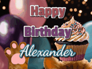Happy Birthday Alexander GIF: Cute Kitten Birthday Cupcake GIF with a cupcake raised by a cats head, then it pulls down text reading Happy Birthday Name