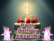 Happy Birthday Alexander GIF: An animated gif with 2 unicorns and a birthday candle on a cake.