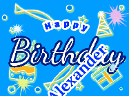Happy Birthday Alexander GIF: A blue happy birthday gif with birthday drawings, sparkles, and a name you can customize.