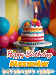 Happy Birthday Alexander GIF: A birthday card gif with a cake and candle and a blue ribbon with animated sparklers. Reads Happy Birthday Name