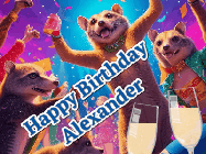 Happy Birthday Alexander GIF: Happy Birthday GIF depicting a mongoose party with animated fireworks, sparkles and champagne. Reads Happy Birthday Name. Customize it.