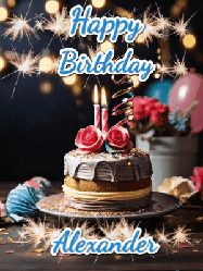 Happy Birthday Alexander GIF: Sparkles and glitter happy birthday gif with a cake and flickering candles and sparklers behind the words happy birthday customize
