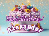Happy Birthday Alexander GIF: A beautiful birthday cake gif with animated sparkles and glitter Happy Birthday Name you can customize