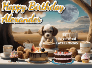 Happy Birthday Alexander GIF: Animated birthday gif with a dog at a fancy birthday table loaded with cakes as hearts appear. It reads Happy Birthday Customize.