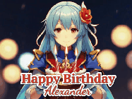 Happy Birthday Alexander GIF: Anime girl holding a birthday cake and an animated sword falls into it. Text reads Happy Birthday Customize