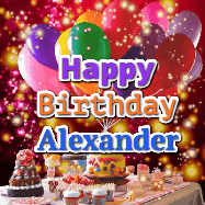 Happy Birthday Alexander GIF: Animated happy birthday gif on a bright red glittery background and 3 lines of text reading Happy Birthday Customize