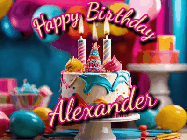 Happy Birthday Alexander GIF: Animated birthday gif with a beautiful colorful birthday can and sparkles in the air. It reads Happy Birthday Customize.