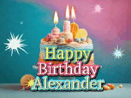 Happy Birthday Alexander GIF: A colorful animated Happy Birthday Cake GIF with swirling sparkles and flickering candles. It reads Happy Birthday Name