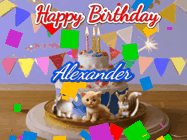 Happy Birthday Alexander GIF: Happy Birthday Cake GIF with a cat, lamb, and squirrel on the cake with flickering candles, a sparkler, and falling confetti. Reads Happy Birthday Name and you can customize the name