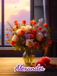 Happy Birthday Alexander GIF: A vase of flowers and animated hearts pop in and out as the words Happy Birthday Name appears that you can customize
