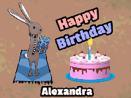 Happy Birthday Alexandra GIF: A polite looking rabbit with a wiggling tails delivers a birthday gift. Customize the message and name.