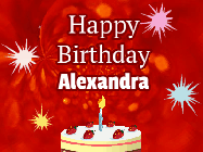 Happy Birthday Alexandra GIF: A bright red happy birthday gif animated with a cake candle, and glitter and sparkles. Customize with name.