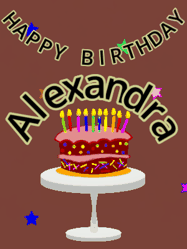 Happy Birthday Alexandra GIF: Animated birthday gif of a chocolate cartoon cake and stars. Animated text can be customized with name.