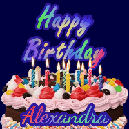 Happy Birthday Alexandra GIF: A dark blue birthday gif with a beautiful cake with flickering candles, background sparkles and a name to customize.