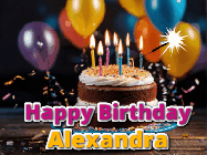 Happy Birthday Alexandra GIF: A birthday cake with flickering candles gif with text reading Happy Birthday and a Name slot to customize