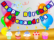 Happy Birthday Alexandria GIF: Animated happy birthday gif with a party balloon background, a row of cupcakes, and birthday banner to customize.