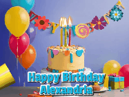 Happy Birthday Alexandria GIF: Happy birthday cake animated gif with flickering candles, balloons, confetti, and text to customize.