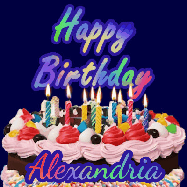 Happy Birthday Alexandria GIF: A dark blue birthday gif with a beautiful cake with flickering candles, background sparkles and a name to customize.