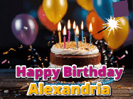 Happy Birthday Alexandria GIF: A birthday cake with flickering candles gif with text reading Happy Birthday and a Name slot to customize