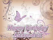 Happy Birthday Alexandria GIF: Classical birthday gif background with colorful musical notes floating past and a name you can customize, reads Happy Birthday.
