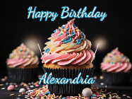 Happy Birthday Alexandria GIF: A delicious cupcake gif with animated sparkles reading Happy Birthday with a name to customize