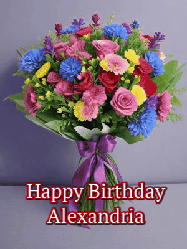 Happy Birthday Alexandria GIF: A beautiful animated birthday gif with a bouquet of flowers and animated hearts reading Happy Birthday Customize