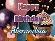 Happy Birthday Alexandria GIF: Cute Kitten Birthday Cupcake GIF with a cupcake raised by a cats head, then it pulls down text reading Happy Birthday Name