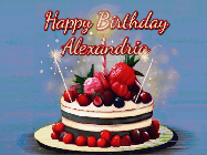 Happy Birthday Alexandria GIF: Animated GIF of a birthday cake covered in berries with 2 sparklers and a candle, reads Happy Birthday Name. Customize it.