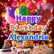 Happy Birthday Alexandria GIF: Animated happy birthday gif on a bright red glittery background and 3 lines of text reading Happy Birthday Customize