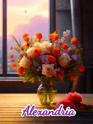 Happy Birthday Alexandria GIF: A vase of flowers and animated hearts pop in and out as the words Happy Birthday Name appears that you can customize