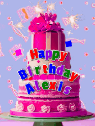 Happy Birthday Alexis GIF: A big beautiful birthday cake gif with falling confetti, sparklers, and balloons, reads Happy Birthday Name. Customize it.