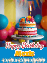 Happy Birthday Alexis GIF: A birthday card gif with a cake and candle and a blue ribbon with animated sparklers. Reads Happy Birthday Name