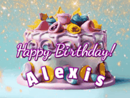 Happy Birthday Alexis GIF: A beautiful birthday cake gif with animated sparkles and glitter Happy Birthday Name you can customize