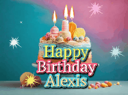 Happy Birthday Alexis GIF: A colorful animated Happy Birthday Cake GIF with swirling sparkles and flickering candles. It reads Happy Birthday Name