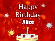 Happy Birthday Alice GIF: A bright red happy birthday gif animated with a cake candle, and glitter and sparkles. Customize with name.