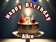 Happy Birthday Alice GIF: Animated happy birthday gif with a cake and flickering candles with colorful falling confetti and text reading Happy Birthday