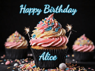 Happy Birthday Alice GIF: A delicious cupcake gif with animated sparkles reading Happy Birthday with a name to customize