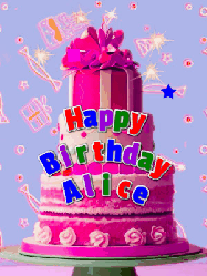 Happy Birthday Alice GIF: A big beautiful birthday cake gif with falling confetti, sparklers, and balloons, reads Happy Birthday Name. Customize it.