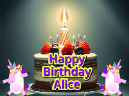 Happy Birthday Alice GIF: An animated gif with 2 unicorns and a birthday candle on a cake.