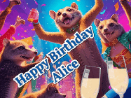 Happy Birthday Alice GIF: Happy Birthday GIF depicting a mongoose party with animated fireworks, sparkles and champagne. Reads Happy Birthday Name. Customize it.