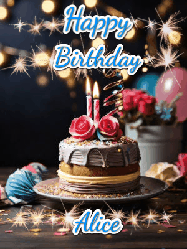 Happy Birthday Alice GIF: Sparkles and glitter happy birthday gif with a cake and flickering candles and sparklers behind the words happy birthday customize